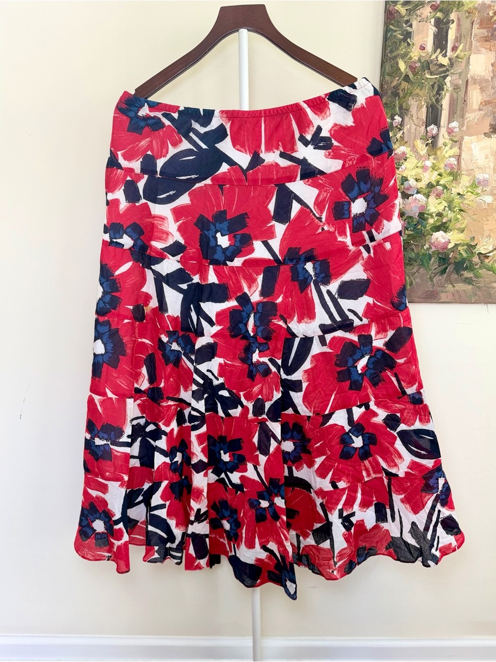Ruby Rd Floral Tiered Midi Skirt Red Navy Blue Boho Elastic Waist Size 14 A-line